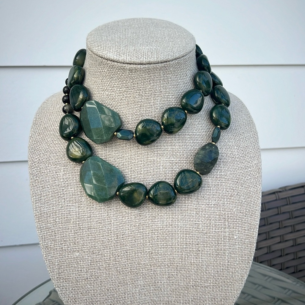 Olive Green Chunky Stone Layered Necklace.